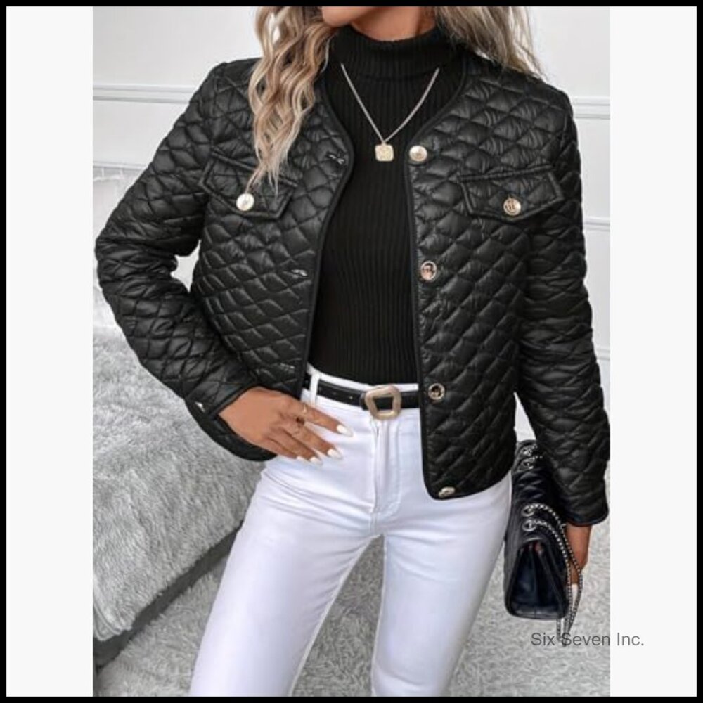 Quilted Polyester Cropped Jacket with Button Clos… - image 3